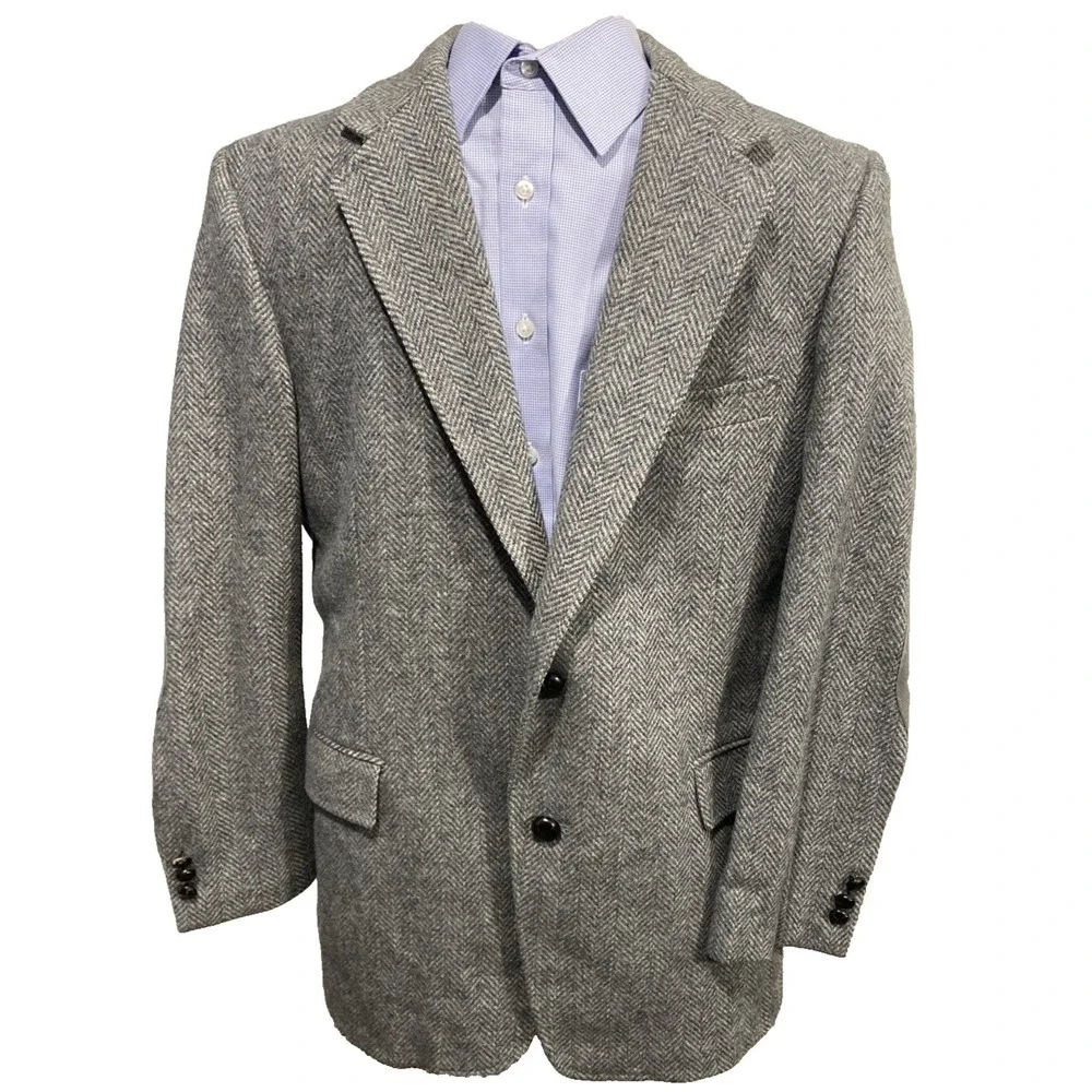 Austin Manor Wool Sport Coat 42S Gray Herringbone Elbow Patch Blazer